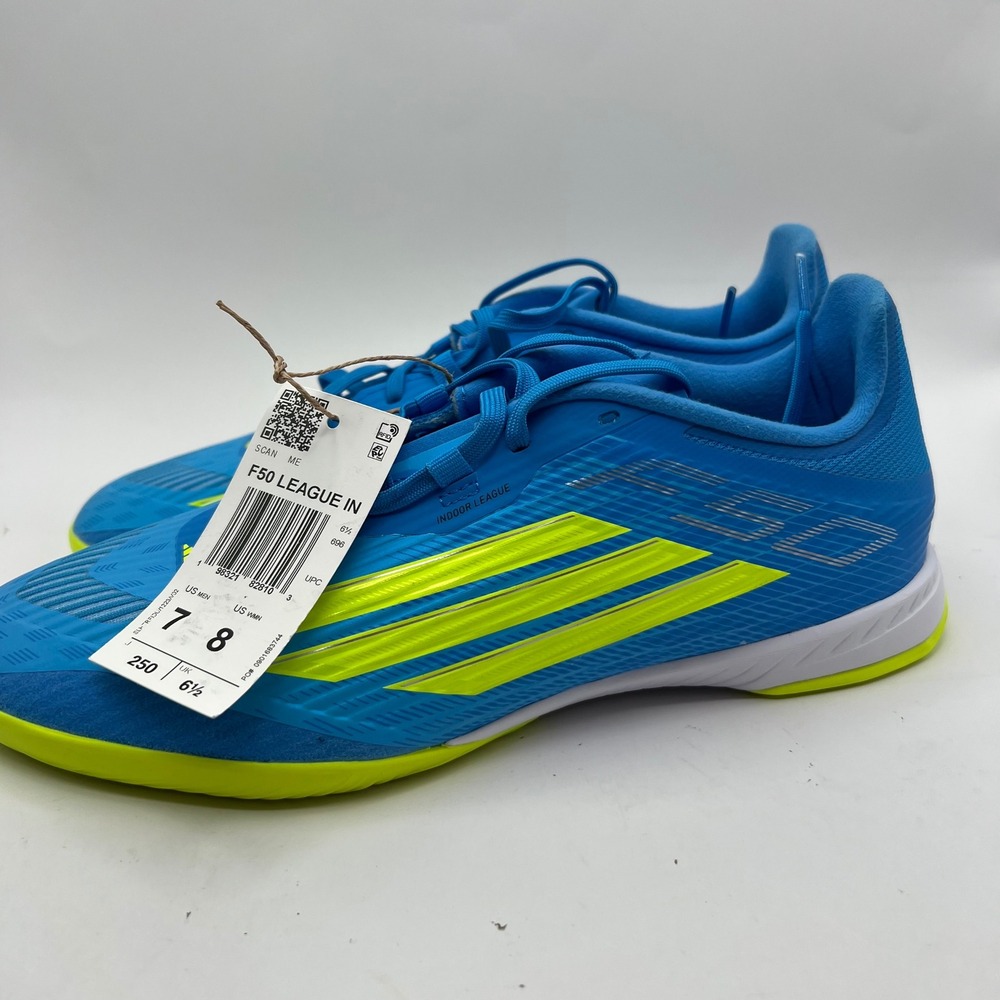 Adidas F50 League Indoor Soccer Shoes Blue Solar Yellow IF1332 Mens 7 Womens 8